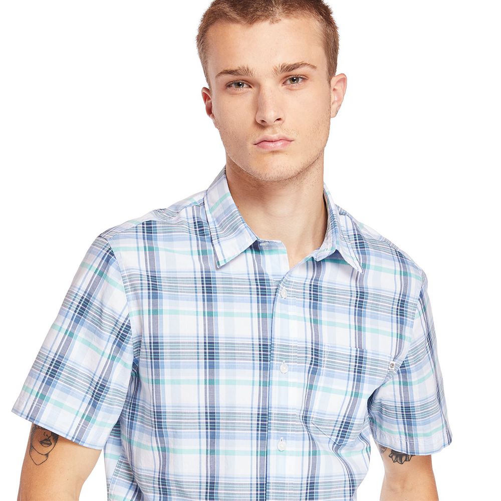 Camisa Timberland Argentina Hombre - Short-Sleeve Indian River Madras - Azules/Blancas - ZXVKGI-061